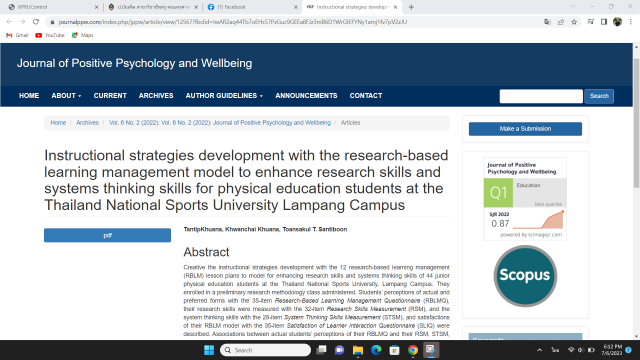 Instructional strategies development with the research-based learning management model to enhance research skills and systems thinking skills for physical education students at the Thailand National Sports University Lampang Campus